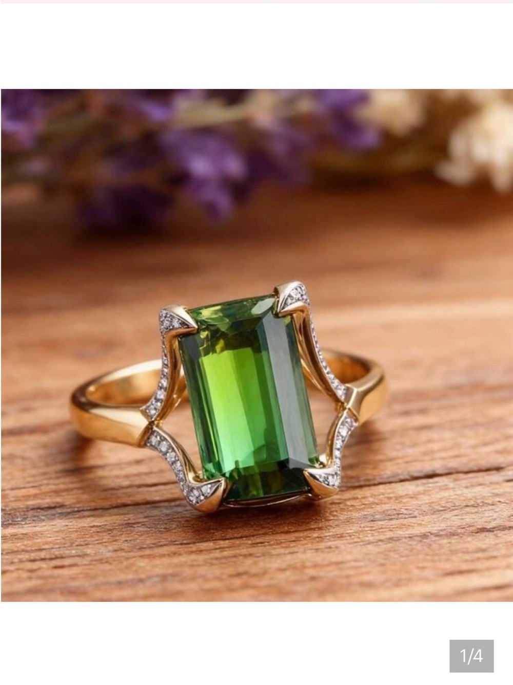 Gold Ring Green Emerald-Cut Stone Accent Faux Diamonds - Women Jewelry Sz 7